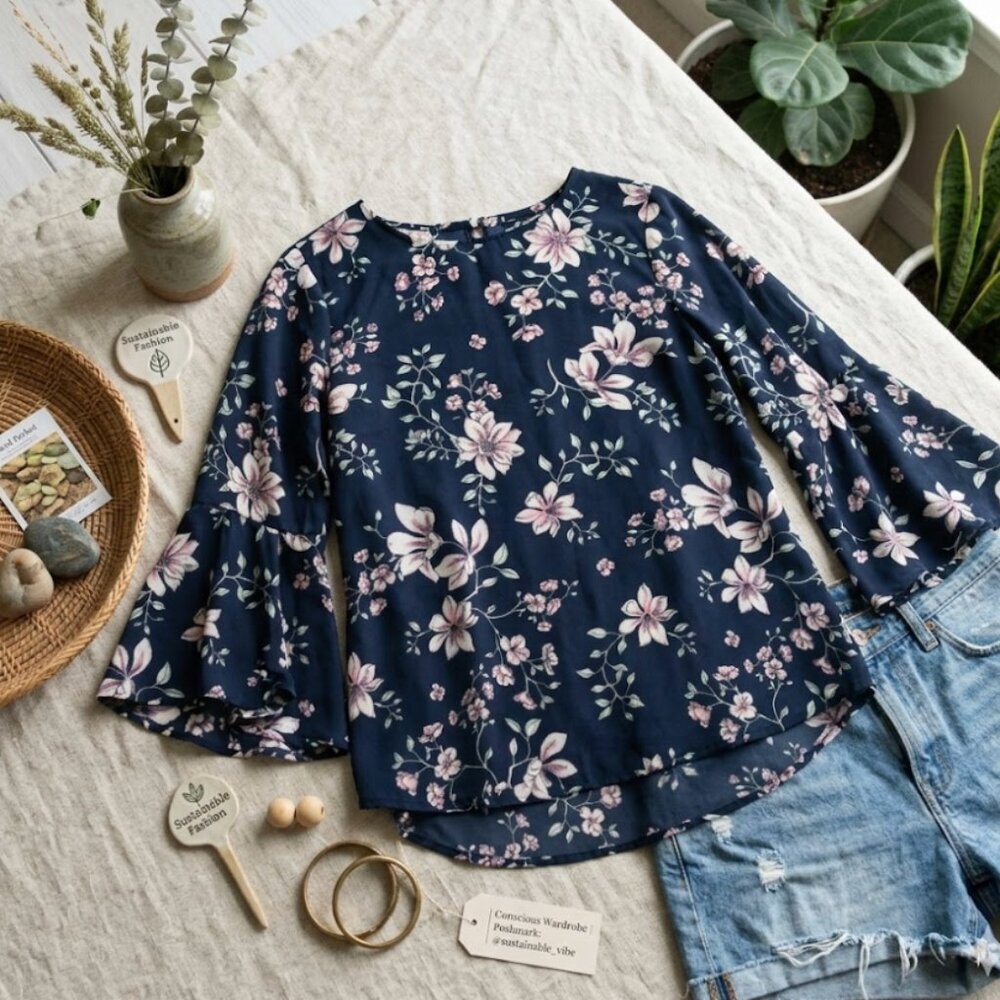 Lily Morgan Navy Blue Floral Blouse Small Botanical Spring Top